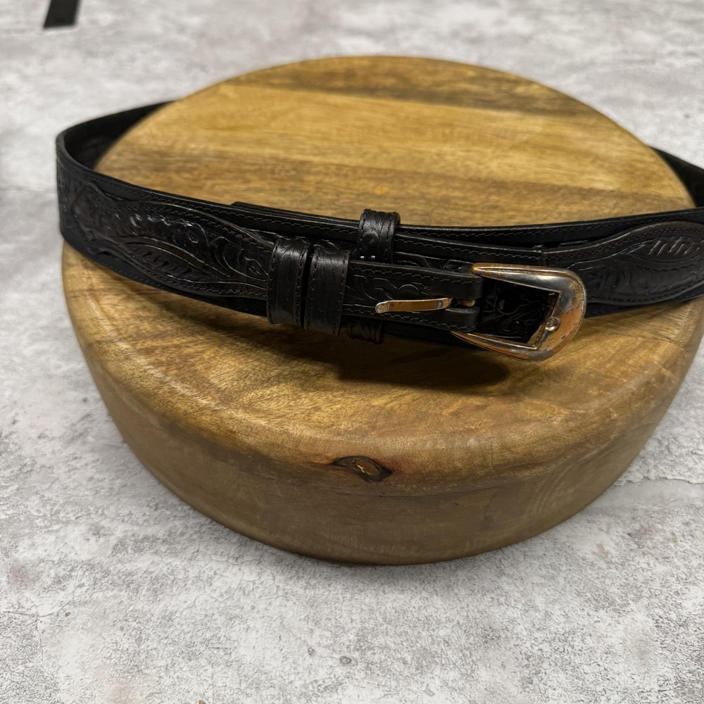 Silver Creek Belt Mens 36 Black Tooled Leather Western Floral Buckle USA 37-40WT
